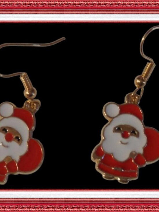 Jewelry - Gold Tone White & Red Santa Claus Theme Dangle Earrings